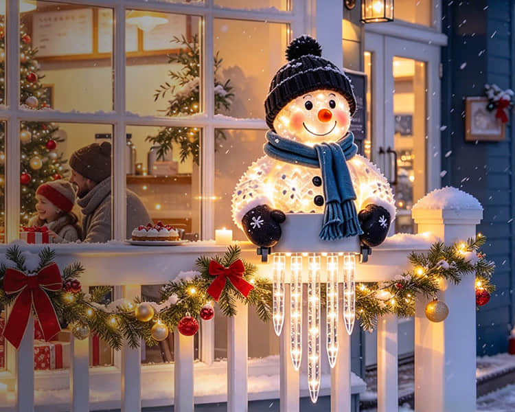Railside Snowman Light glowing on porch railing